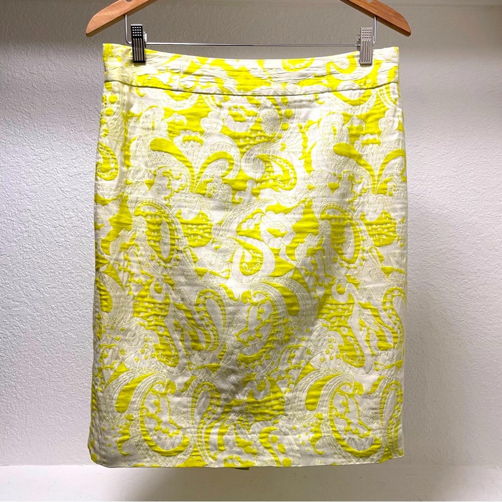 J.CREW Neon Yellow Paisley Brocade Pencil Skirt Sz 10